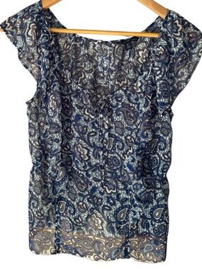 American Eagle blouse semi Sheer Blue Paisley Flutter-Sleeve shirt Top small Y2K